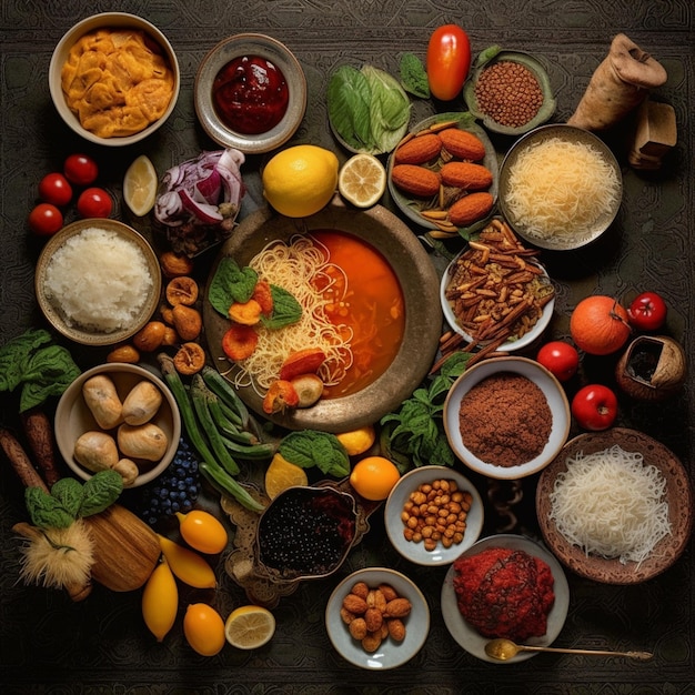 Una mesa llena de comida que incluye un tazón de verduras, un tomate, un tomate y otros alimentos.