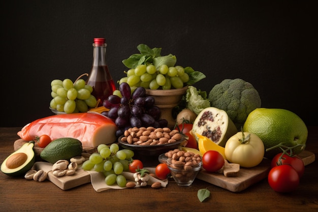 Una mesa llena de comida que incluye uvas, aceitunas, aceitunas y otros alimentos.