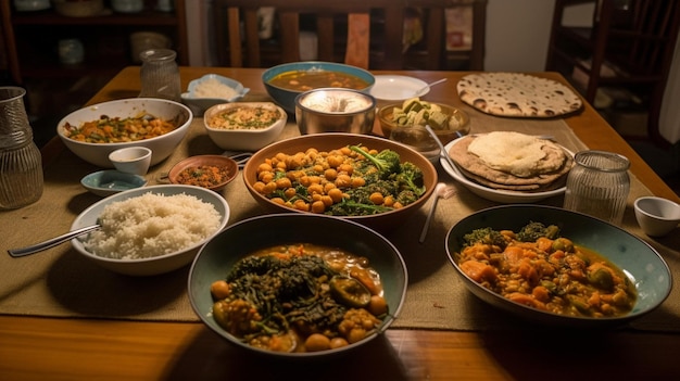 Una mesa llena de comida que incluye una variedad de alimentos diferentes.