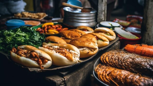 Una mesa llena de comida que incluye una variedad de alimentos que incluye una variedad de carnes y verduras.