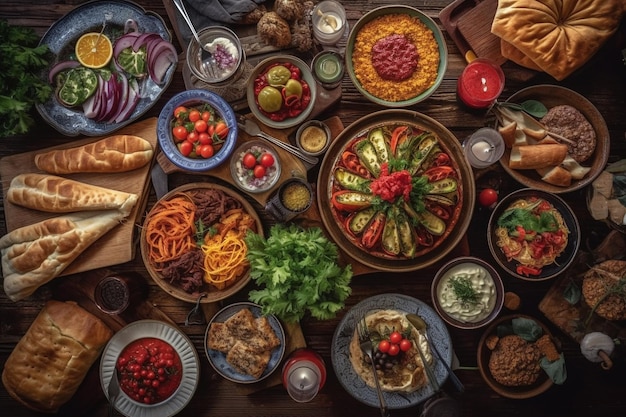 Una mesa llena de comida que incluye una variedad de alimentos que incluyen carne, verduras y pan.