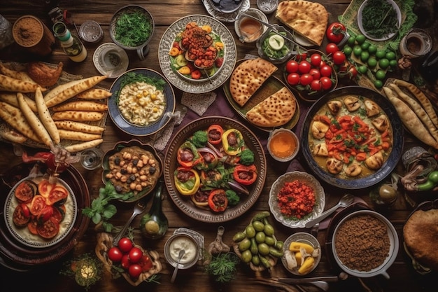 Una mesa llena de comida que incluye una variedad de alimentos que incluyen pan, verduras y carne.