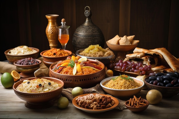 Una mesa llena de comida que incluye una variedad de alimentos.