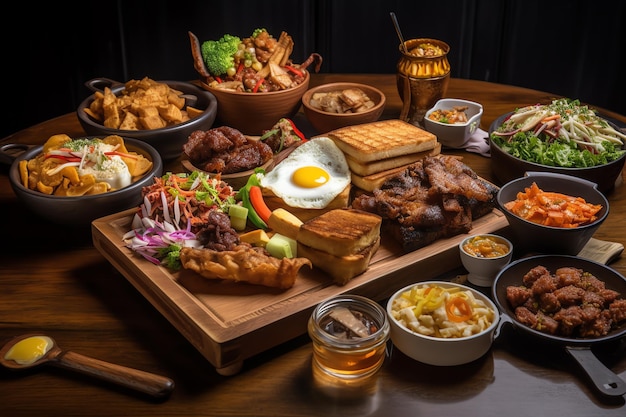 Una mesa llena de comida que incluye una variedad de alimentos.