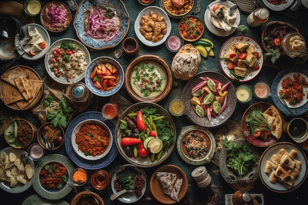 Una mesa llena de comida que incluye una variedad de platos que incluyen pollo, ensaladas y otros platos.