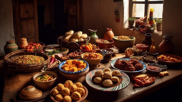 Una mesa llena de comida que incluye una variedad de platos que incluyen una variedad de alimentos.