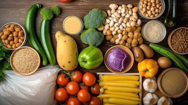 Una mesa llena de comida que incluye verduras y una bolsa de verduras.