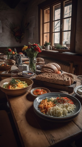 Una mesa llena de comida en un restaurante con flores de fondo