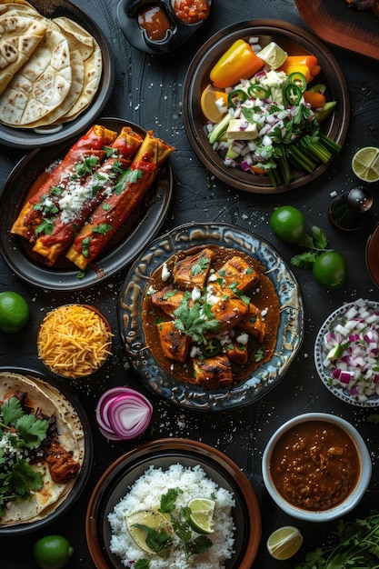 Foto una mesa llena de comida con una variedad de platos, incluidos granos de arroz y carne la mesa está puesta para una comida y la comida se ve deliciosa