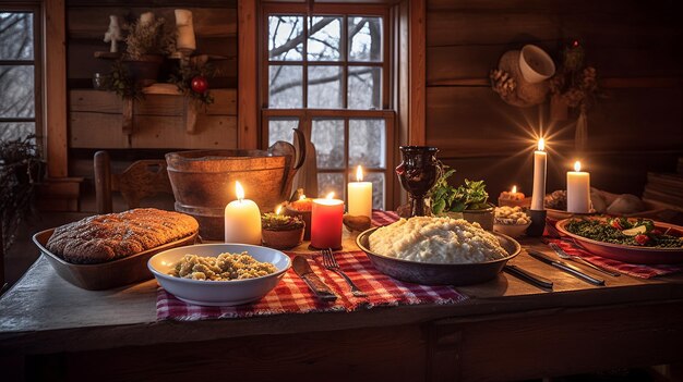 Una mesa llena de comida y una vela.