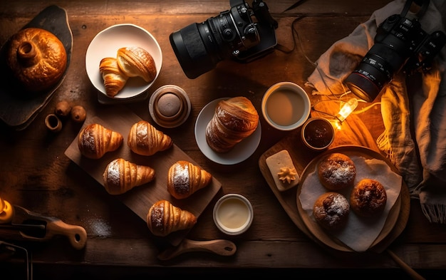 Una mesa llena de croissants y café.