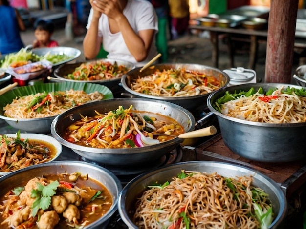 una mesa llena de cuencos de comida, incluidos fideos, fideos y verduras