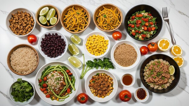 una mesa llena de cuencos de comida que incluyen frijoles, frijoles y otros ingredientes.