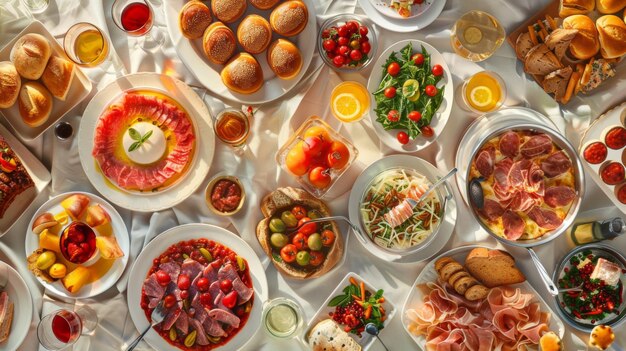 Mesa llena de deliciosas comidas mesa de fiesta comida y bebidas europeas desde la vista de arriba feliz hora de comer