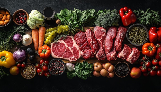 una mesa llena de diferentes alimentos, incluidas carnes, verduras, verduras y frutas