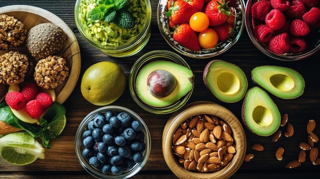 una mesa llena de diferentes alimentos que incluyen almendras, arándanos y almendras.