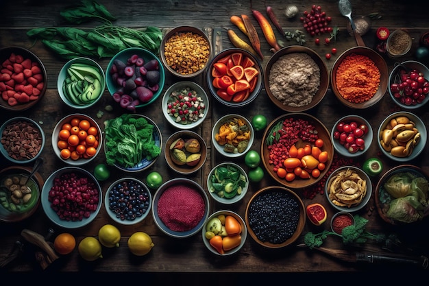 Una mesa llena de diferentes alimentos que incluyen frijoles negros, frijoles negros y otras frutas.