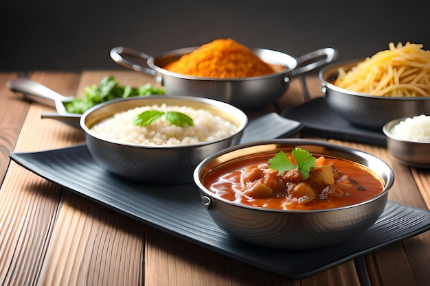 Una mesa llena de diferentes platos que incluyen curry, arroz y curry.