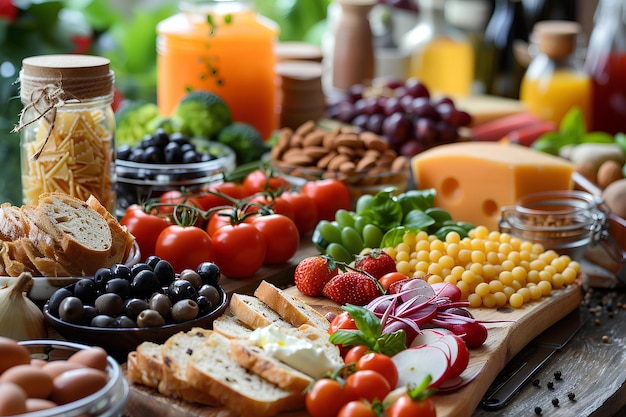 Una mesa llena de diferentes tipos de alimentos y bebidas en ella, incluyendo pan, tomates, maíz y otros