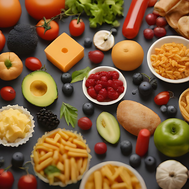 Foto una mesa llena de diferentes tipos de alimentos, incluidos macarrones y queso