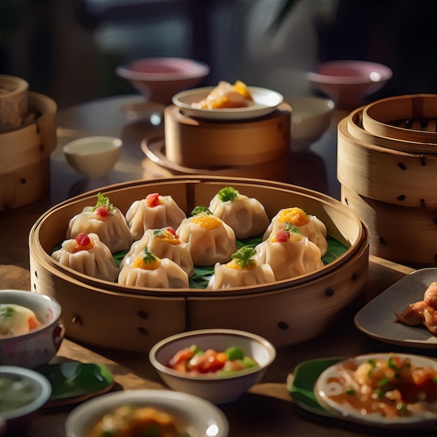 Una mesa llena de dim sum y otros platos