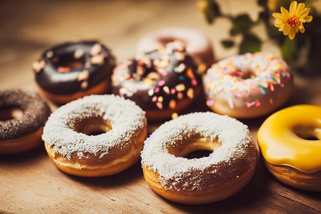 Una mesa llena de donas y otras donas encima