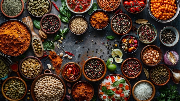 Una mesa llena de especias y verduras las especias están en cuencos y las verduras están en cuencos también