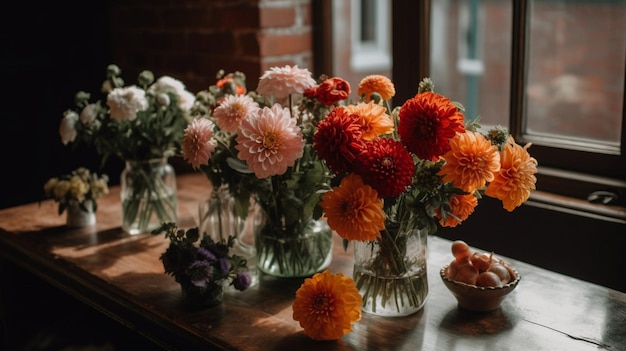 Una mesa llena de flores y una canasta de frutas.