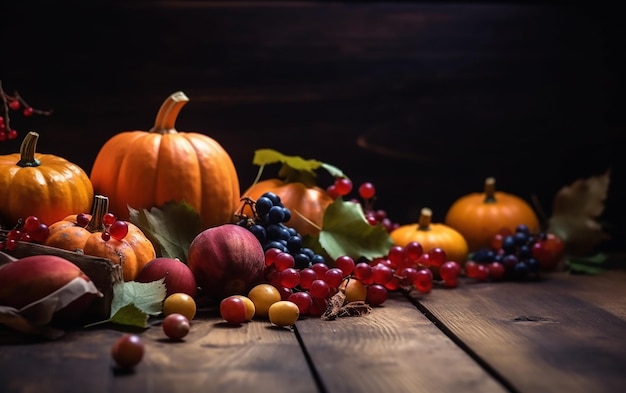 Una mesa llena de frutas y una calabaza con un fondo oscuro.