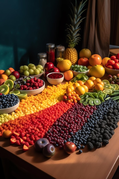 Una mesa llena de frutas incluyendo un arcoíris de diferentes colores.