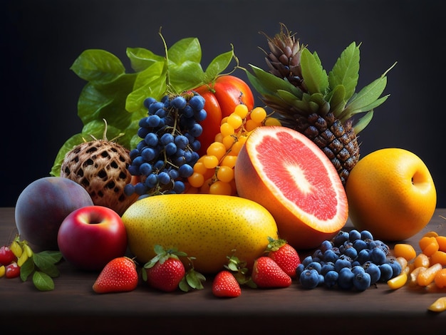 Una mesa llena de frutas que incluyen toronjas, arándanos, fresas y otras frutas.