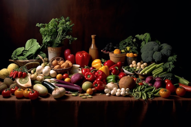 Una mesa llena de frutas y verduras y frutas.