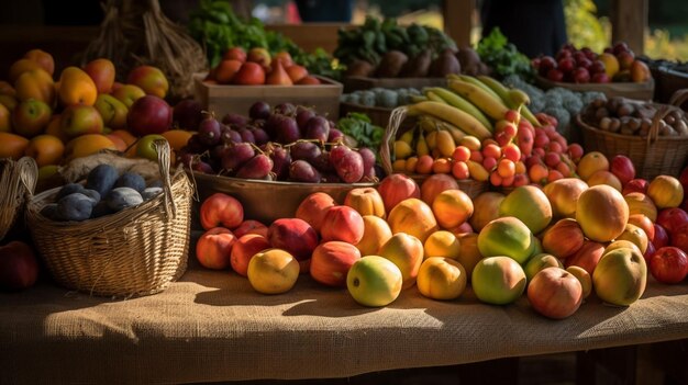 Una mesa llena de frutas y verduras, incluidas manzanas, pepinos y otras frutas.