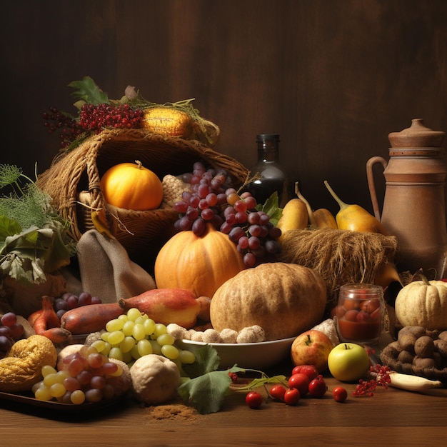 Una mesa llena de frutas y verduras, incluidas uvas, uvas y otras frutas.