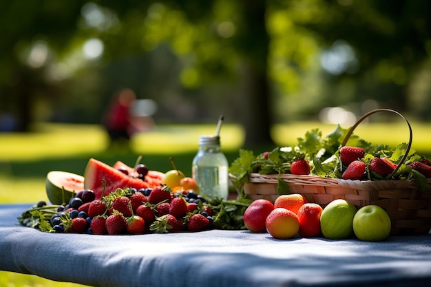 Una mesa llena de frutas y verduras en un parque.