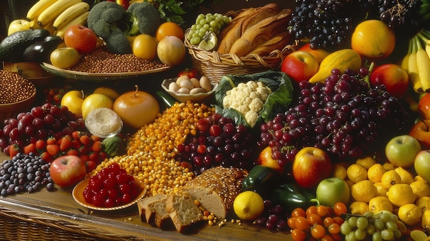 Foto una mesa llena de frutas vibrantes verduras y granos que simbolizan la abundancia de salud