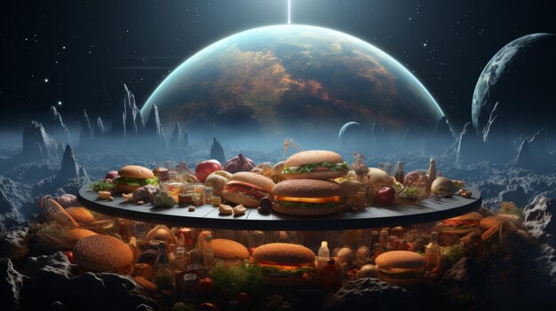 Foto una mesa llena de hamburguesas y otros alimentos con la tierra en el fondo