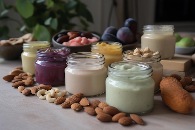 Foto una mesa llena de leche de almendras y almendras