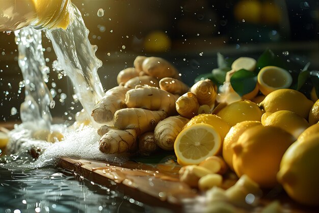 Foto mesa llena de limones y jengibre