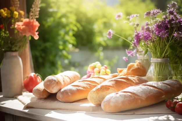 Una mesa llena de panes y flores.