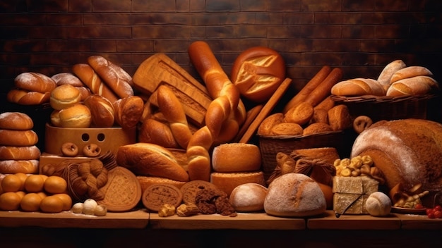 Foto una mesa llena de panes y panes con una caja de panes detrás.