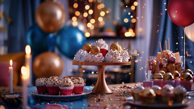 Foto mesa llena de pasteles para la celebración del cumpleaños