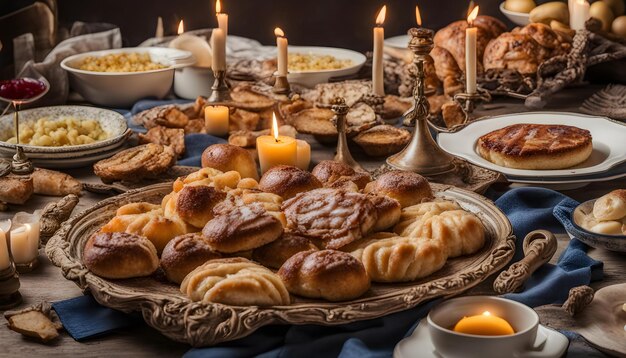 Foto una mesa llena de pasteles y una vela