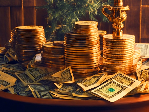 Foto la mesa está llena de pilas de dinero cada una representando un aspecto diferente de la riqueza y