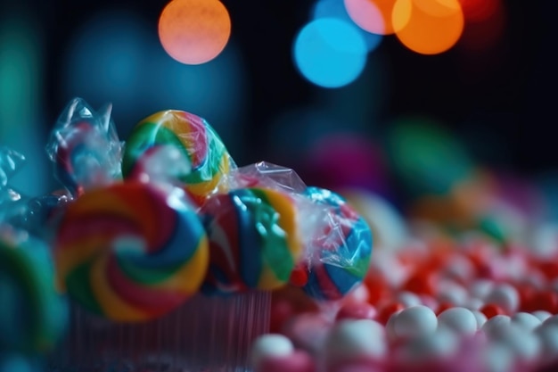 Una mesa llena de piruletas de colores con una luz de colores en el fondo