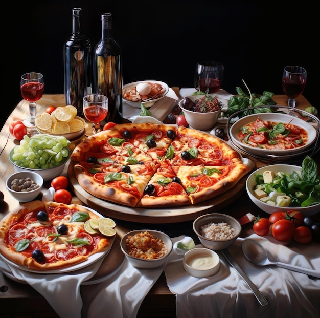 Una mesa llena de pizza, otra comida y bebida.