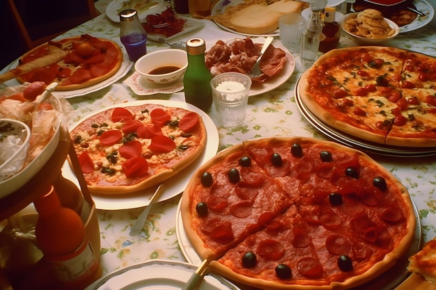 Una mesa llena de pizzas, incluida una con aceitunas negras y vino tinto.