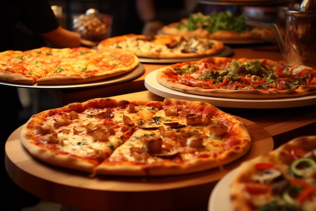 Una mesa llena de pizzas con una rebanada y la otra servida.