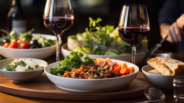 Mesa llena de placeres cubierta con platos y vasos de comida deliciosa IA generativa