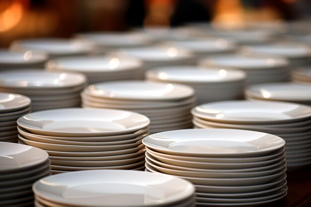 una mesa llena de platos y cuencos blancos